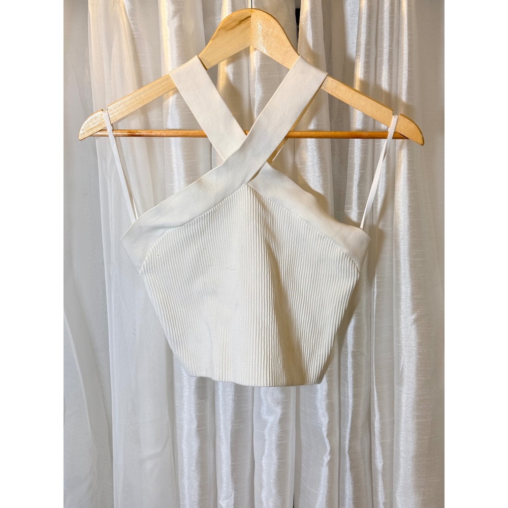Babaton Halter Top Womens Large White Ribbed Knit Criss Cross Neck Crop
